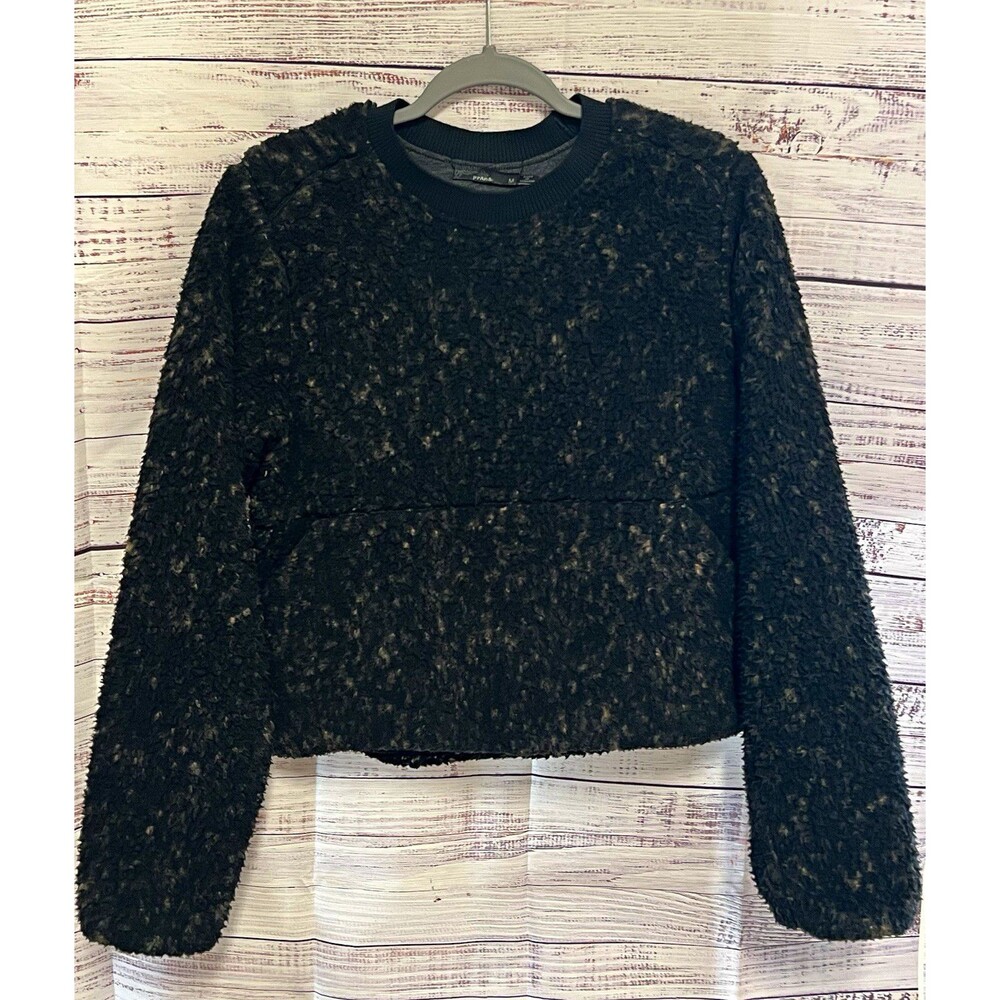 prAna Cozy Up Boucle Sherpa Cropped Sweatshirt Black Charcoal Pockets M